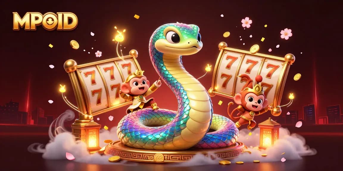 Experience the thrill of MPOID with vibrant slot reels and lively characters in a magical casino scene.