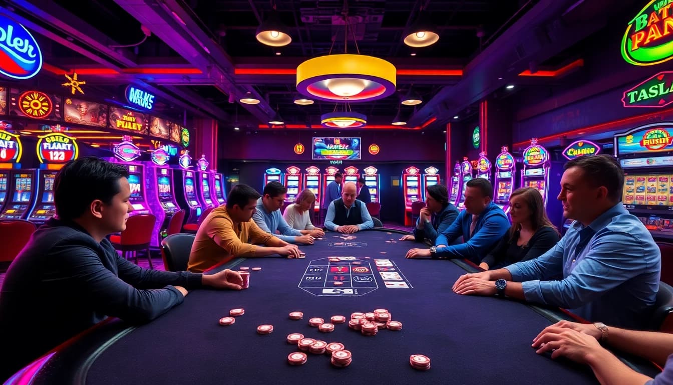 Bermain tkp188 di meja poker kasino yang ramai dengan pemain dan dealer.
