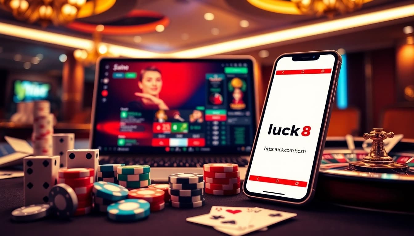 Exciting casino experience at https://luck8com.host/ showcasing vibrant online gameplay with poker chips and roulette.