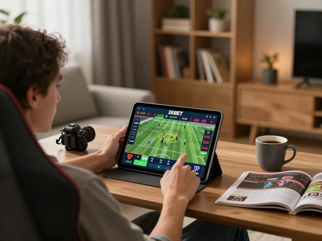Engaging in strategic sports betting on the 28 BET app in a modern home setting, showcasing a dynamic gambling experience.