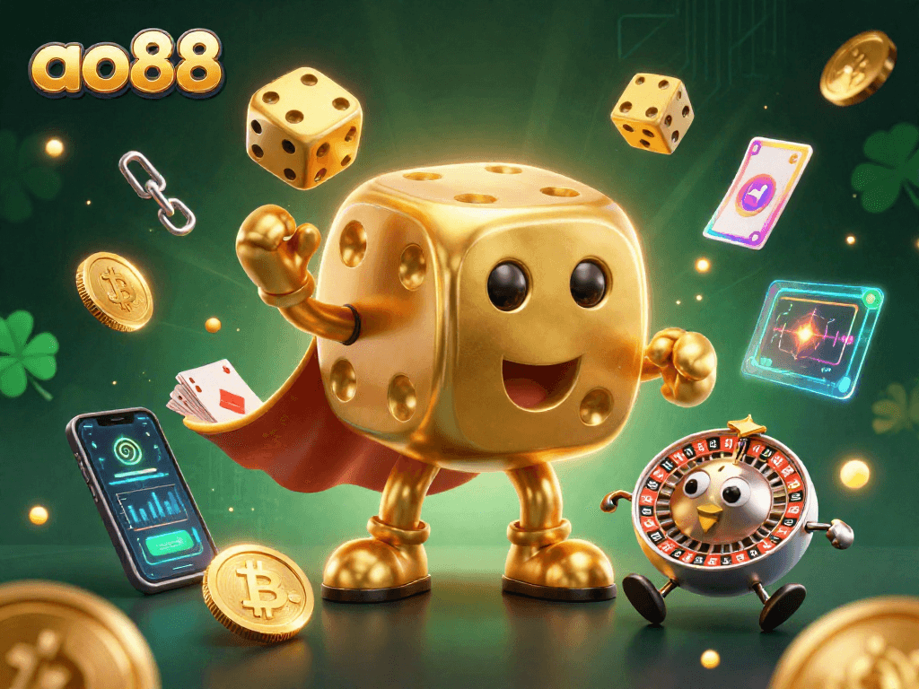 Experience thrilling gaming at ao88 with an animated casino scene and dazzling golden dice