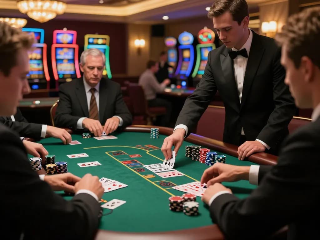 33 win blackjack table with focused players and elegant dealer in upscale casino.