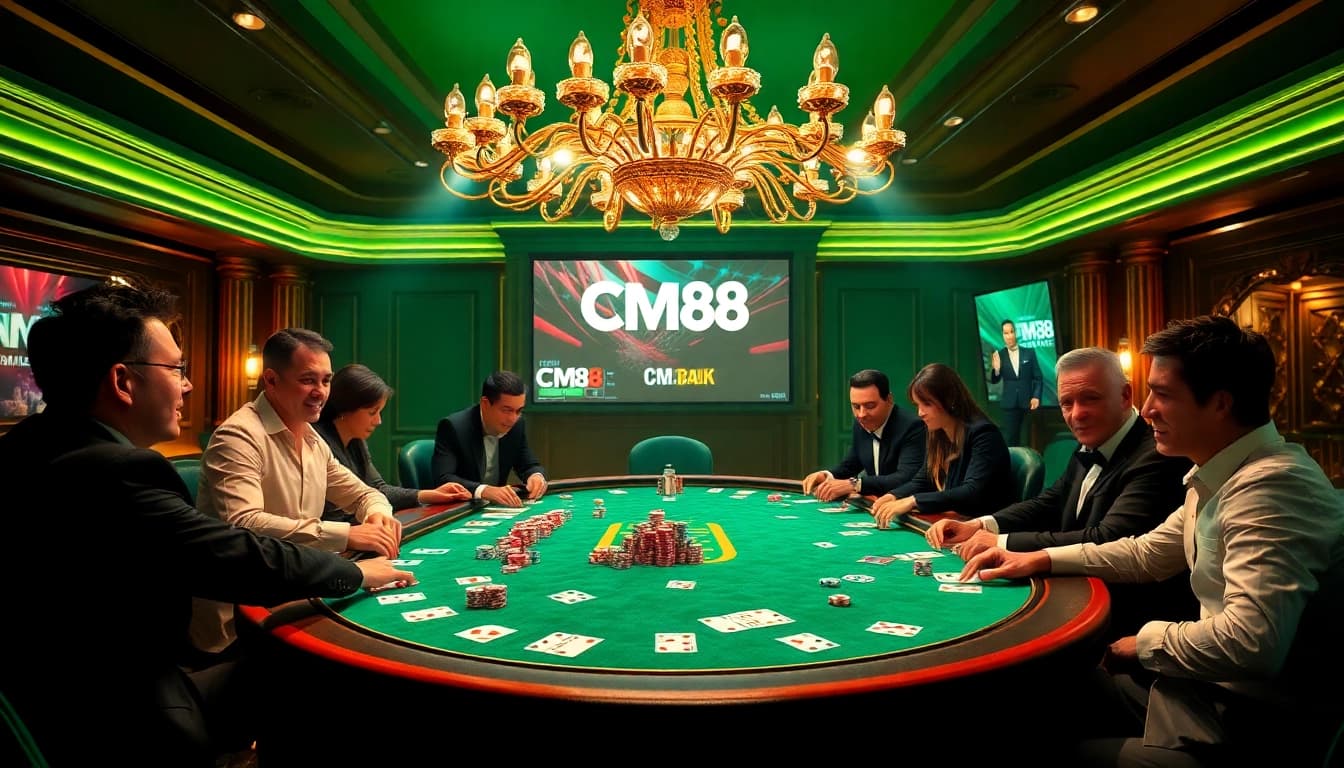 Engage in a thrilling poker game at a luxurious casino featuring CM88 poker chips and cards.