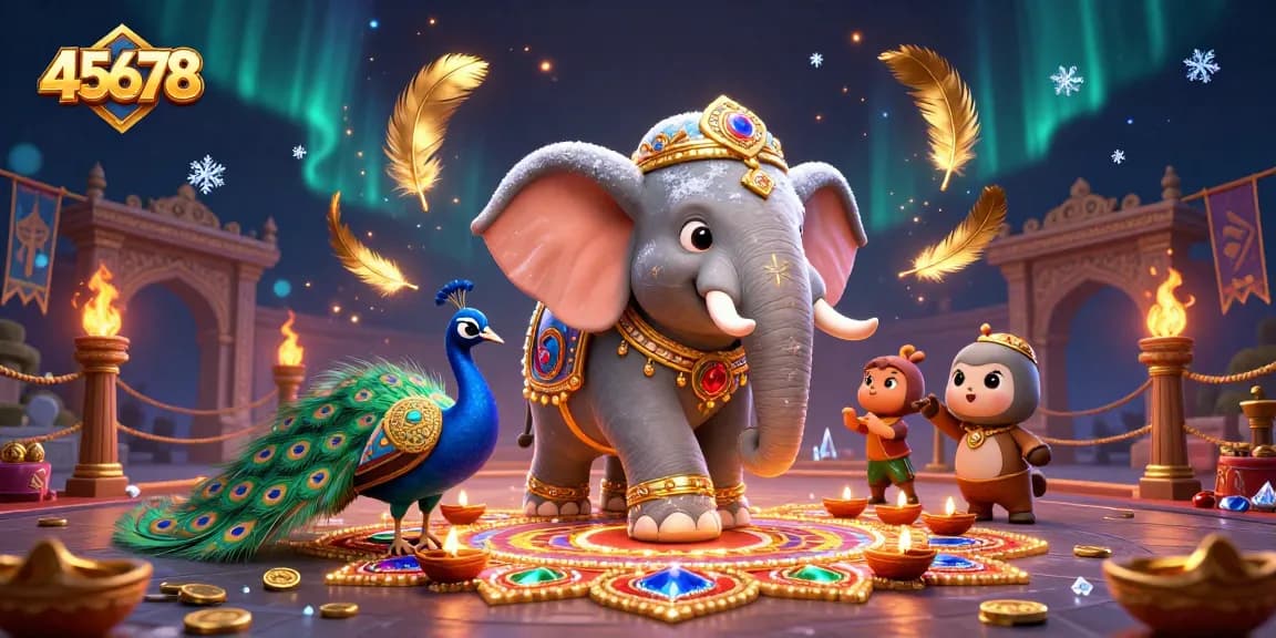 Experience thrilling gaming with 45678's vibrant casino scene featuring a Diwali-themed elephant and peacock.