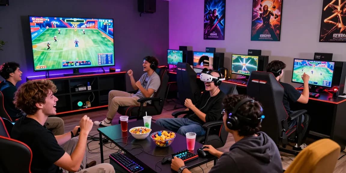 Friends enjoying a gaming session featuring situs slot games in a vibrant lounge.