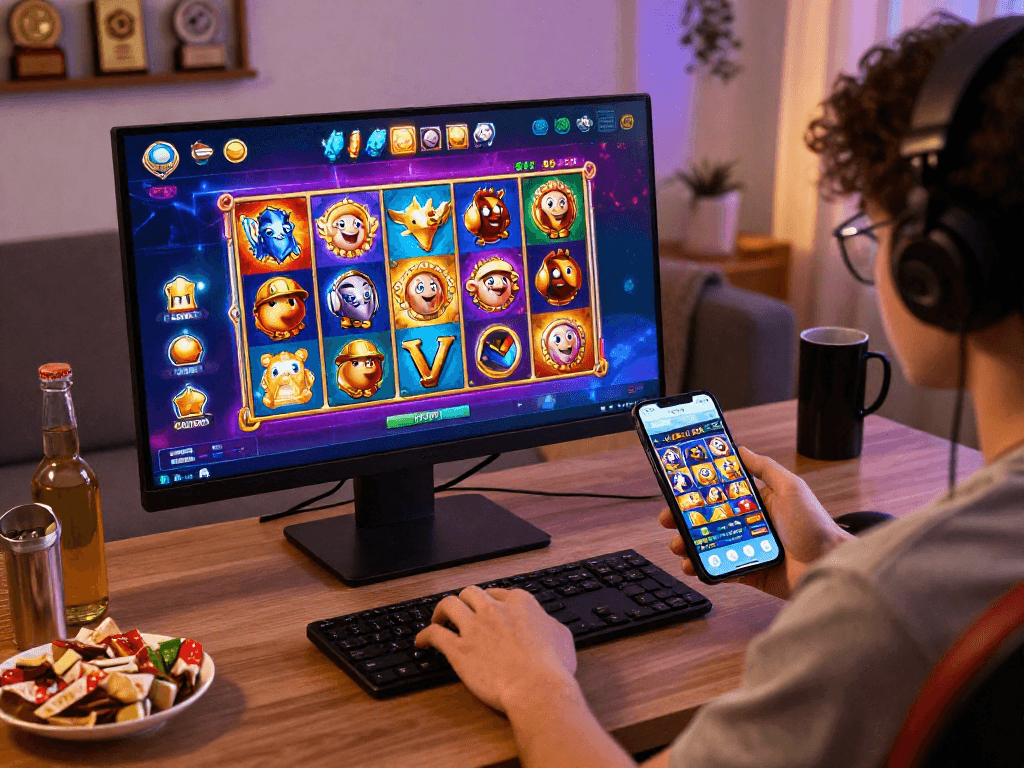 Player enjoying slot resmi on desktop and mobile with vibrant visuals and engaging atmosphere.