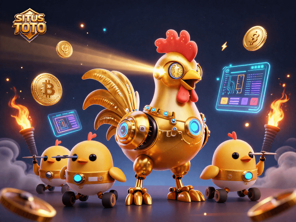 SITUS TOTO menghadirkan robot ayam emas futuristik dalam suasana kasino dengan koin digital dan efek cahaya