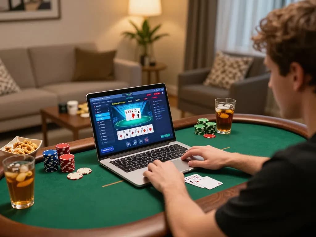 C168 user engaging in online poker, vibrant interface on laptop, cozy home gaming setup.