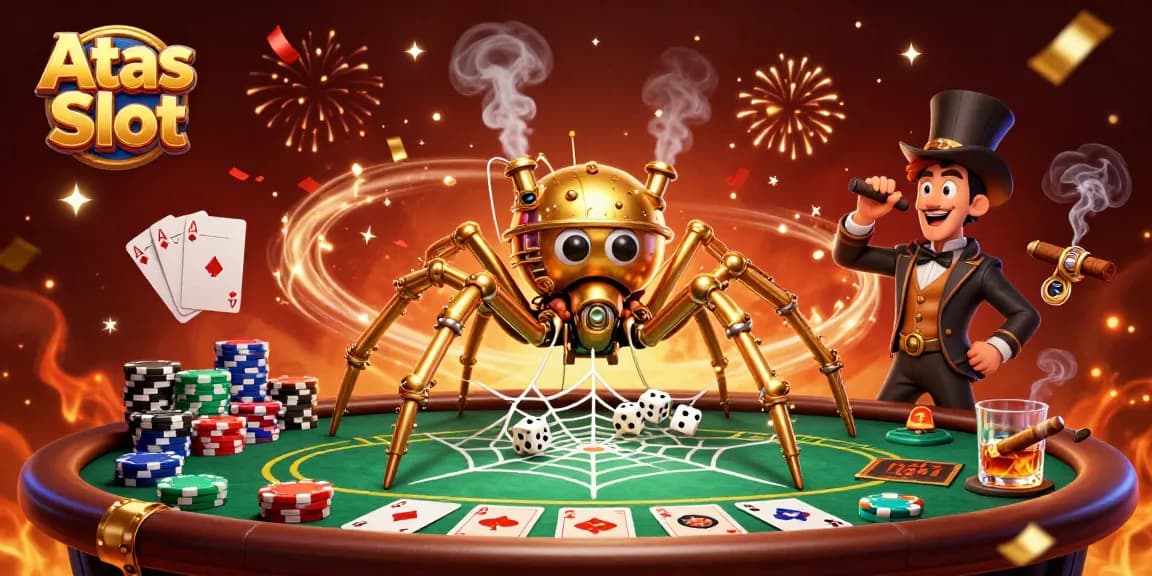 Spin the reels with Atas Slot in this vibrant 3D casino illustration featuring a golden spider and poker elements.