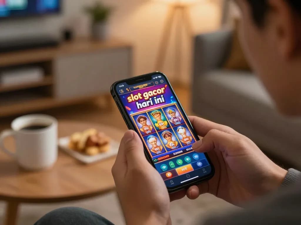 Engaging in online slot gacor hari ini gameplay on a smartphone, showcasing vibrant gaming interface and comfortable home setting.