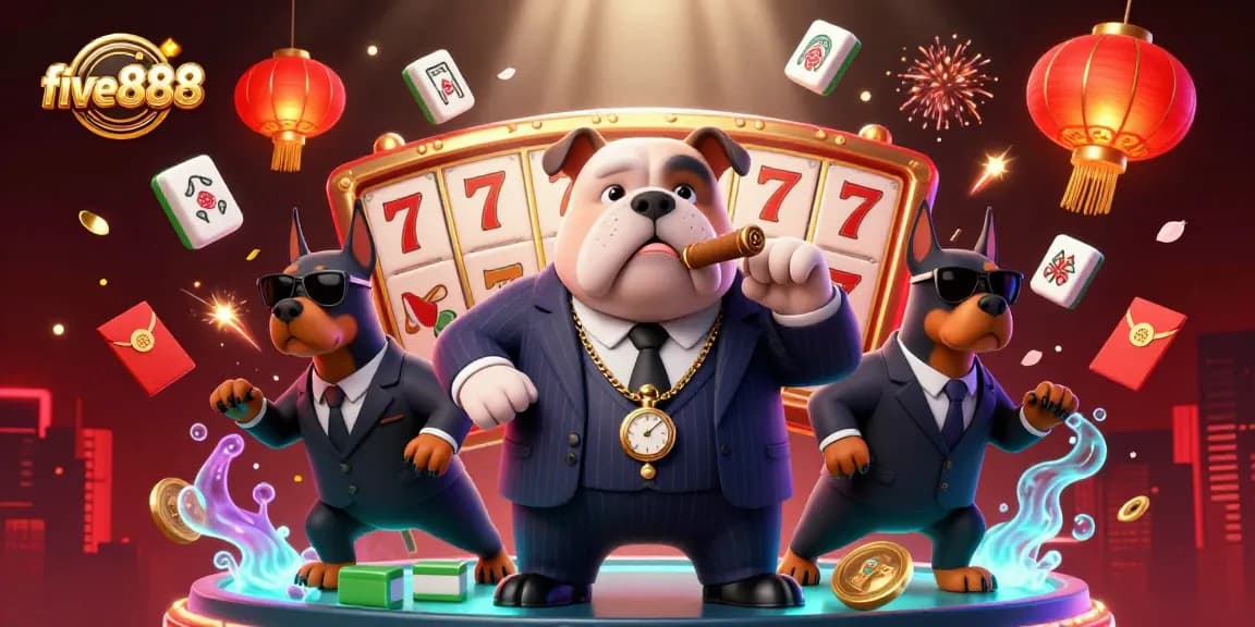 Experience the excitement of five888 with a mafia-themed casino scene featuring a bulldog and Doberman bodyguards.