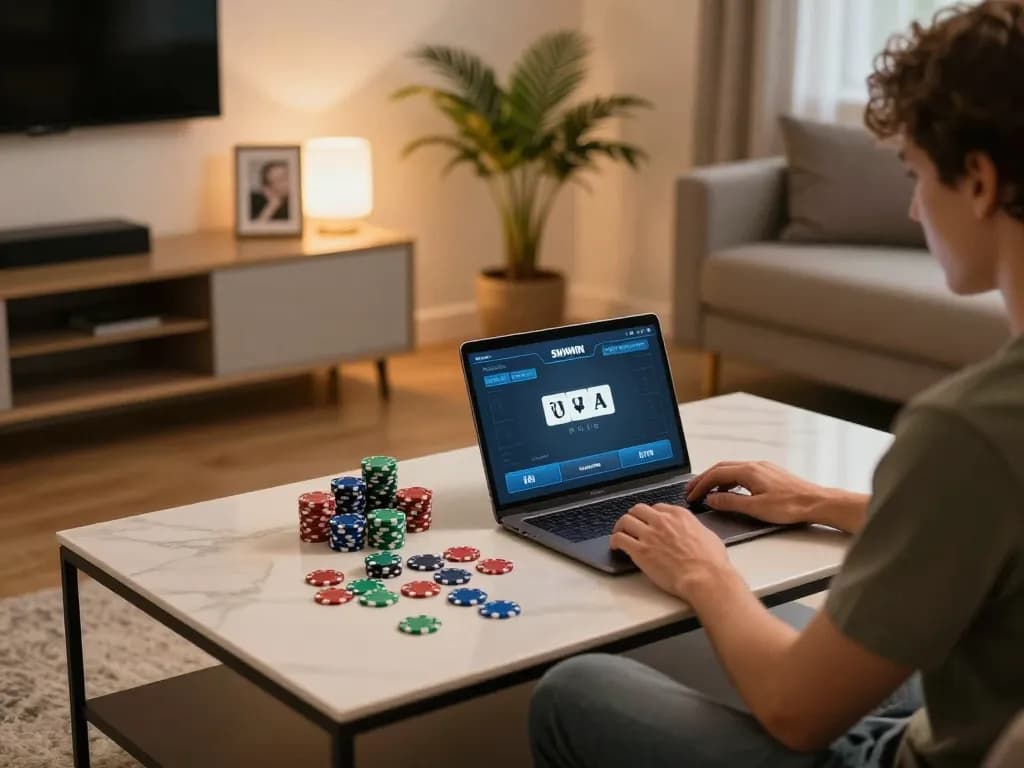 Player exploring Sunwin's poker game interface on their laptop, highlighting a lively home gaming experience.
