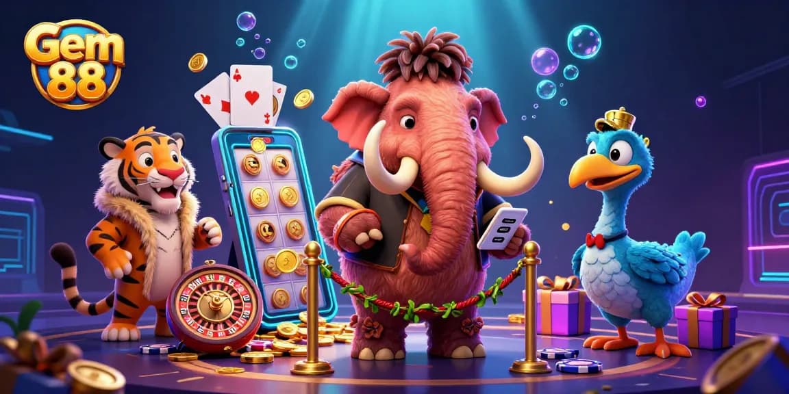 Experience excitement at Gem 88 with our cartoon characters and vibrant casino elements.