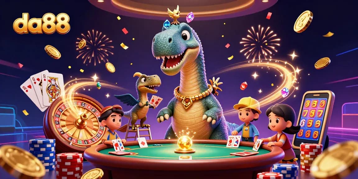 da88 showcases an extravagant casino scene with a giant dinosaur, vibrant poker elements, and celebratory effects.