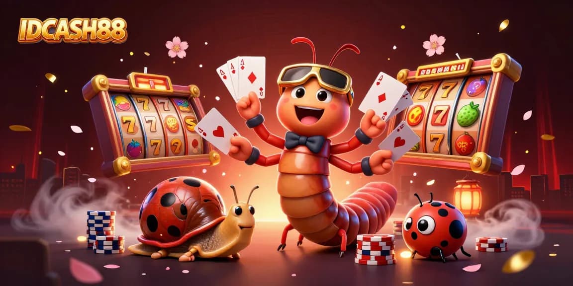 IDCASH88 showcases an exciting 3D casino scene with a millipede dealer and vibrant slot game elements.