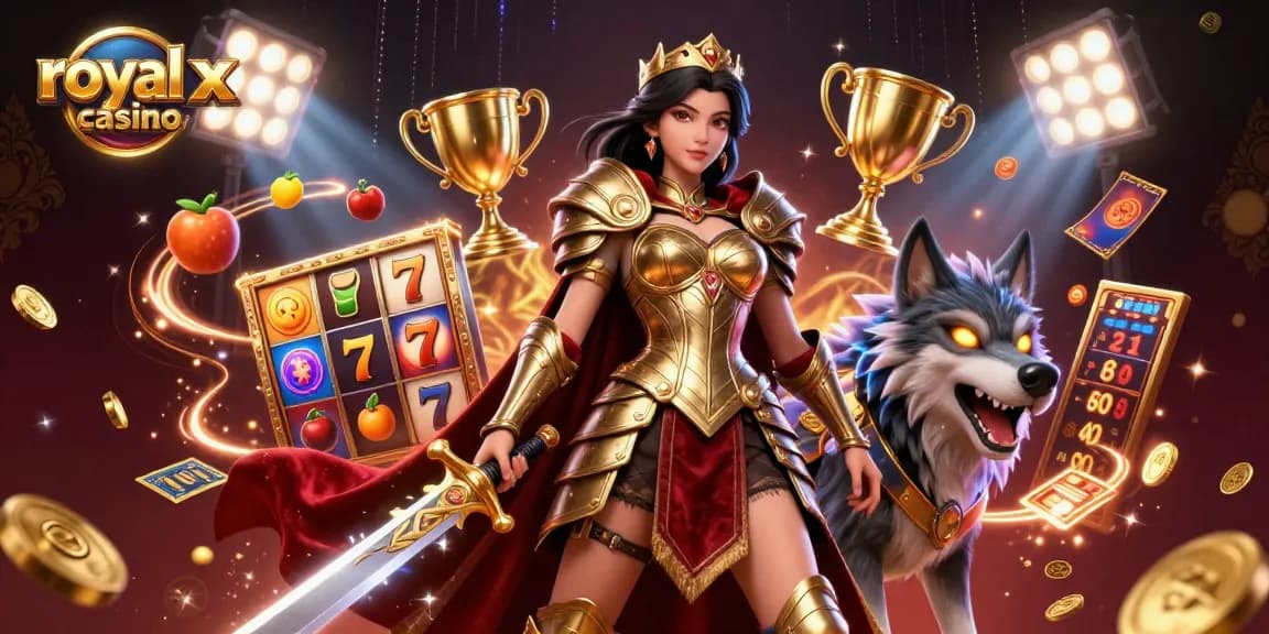 Experience thrilling gameplay with royal x casino, featuring a warrior queen and casino elements.