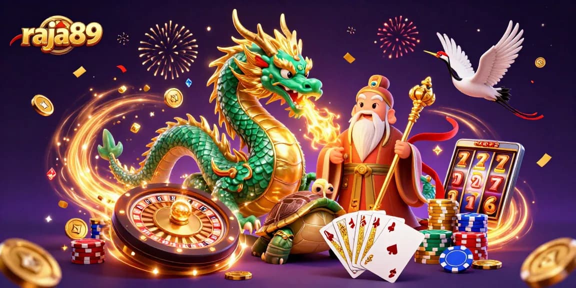 Experience the dynamic world of raja89 with vibrant casino elements and mythical characters.