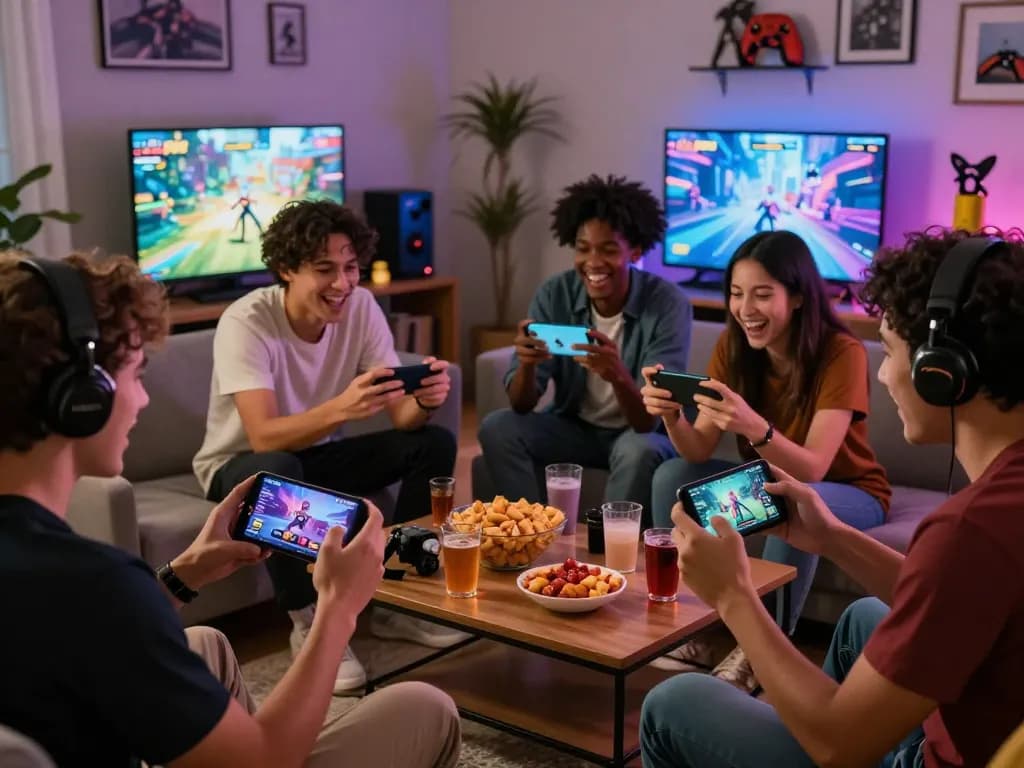 Exciting gaming night with friends enjoying mantra88 mobile games in a cozy living room.
