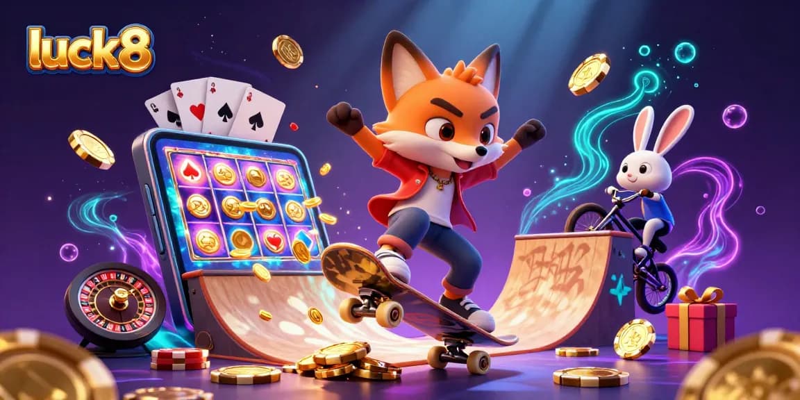 Exciting gaming scene featuring a skateboarder fox and BMX-riding rabbit showcasing luck8's vibrant casino elements, perfect for gamblers.