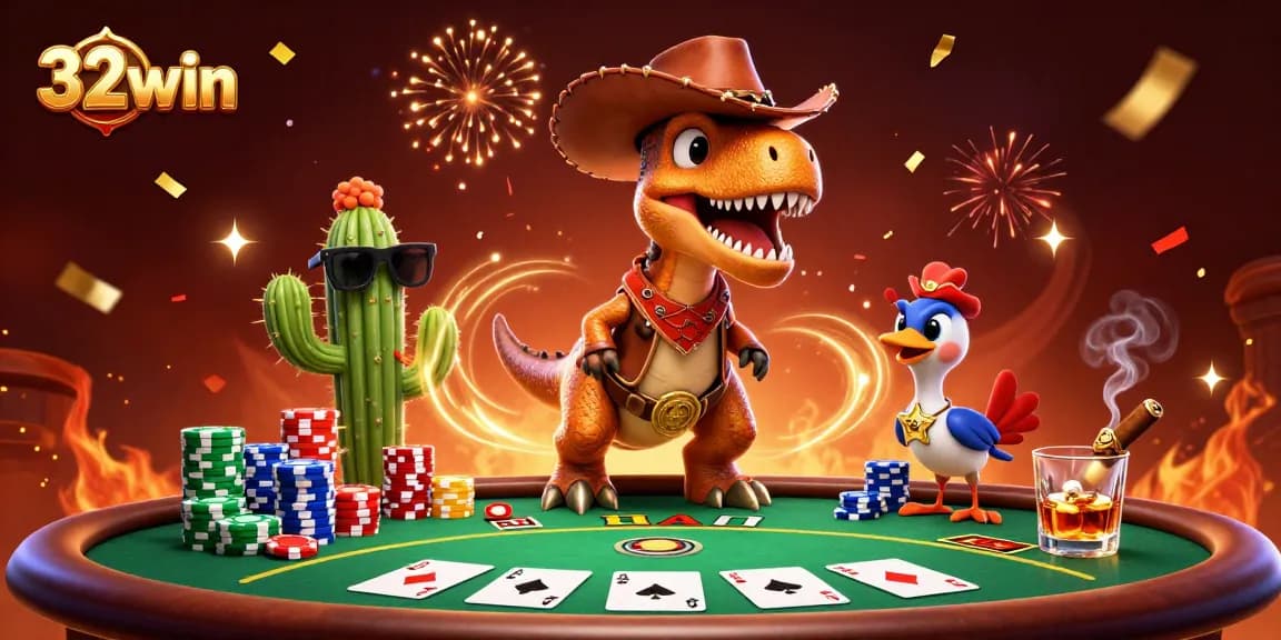 Play poker with 32win's exciting characters in a vibrant casino atmosphere full of energy.
