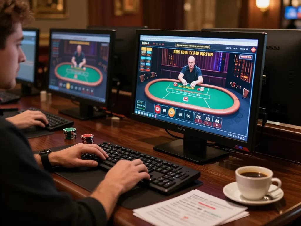B52CLUB player engaging in live dealer poker game on multiple screens, showcasing strategic betting.