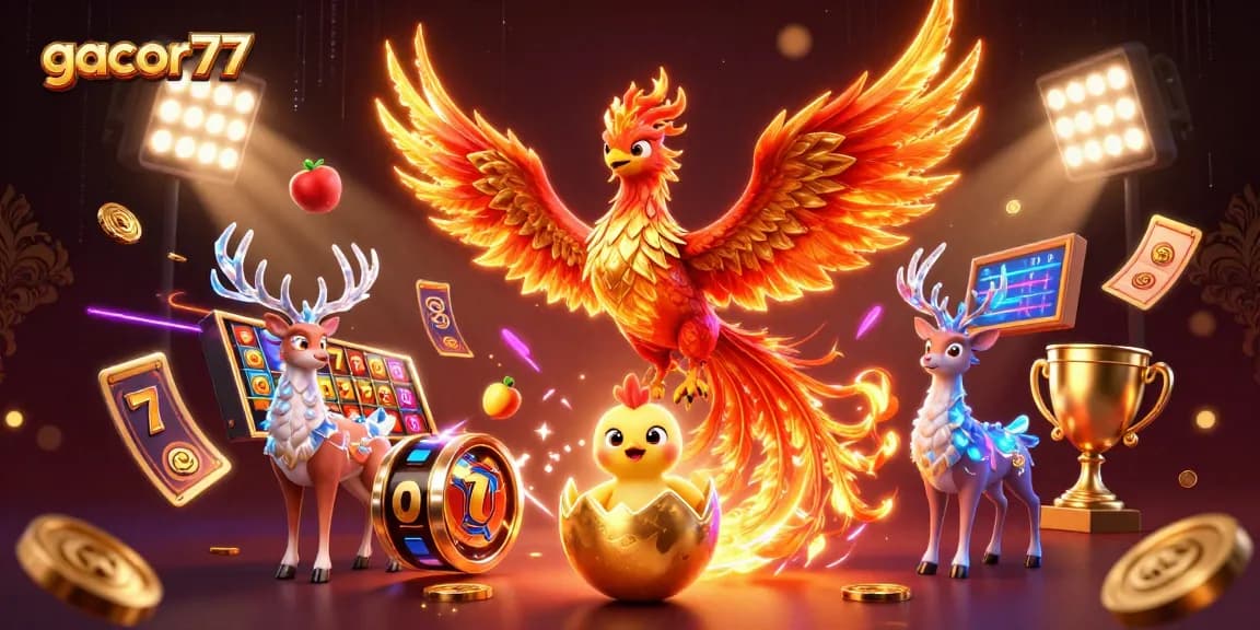 Menangkan permainan gacor77 dengan simbol slot terbaik dalam ilustrasi kasino yang penuh warna.