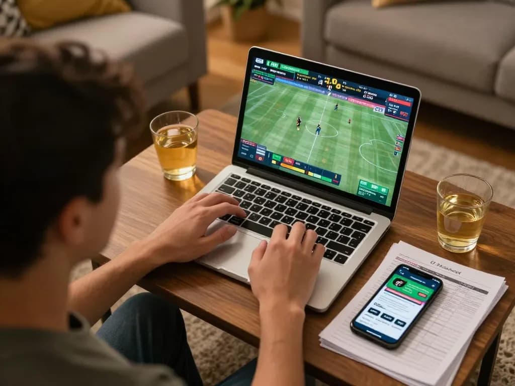 Engaging online sports betting experience at https://ta88at.com/ with laptop and smartphone in a cozy setting.