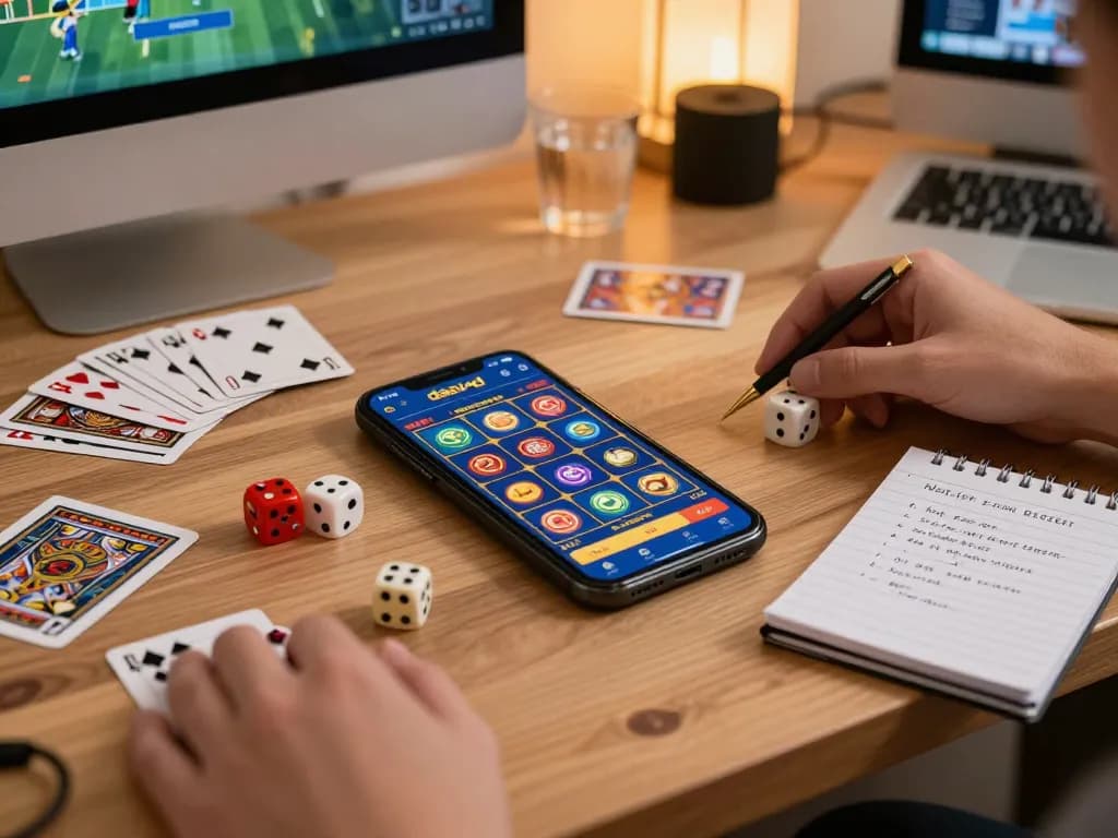 Suasana menarik dari pengaturan permainan di kantor rumah yang menampilkan aplikasi mobile dasi4d untuk permainan slot