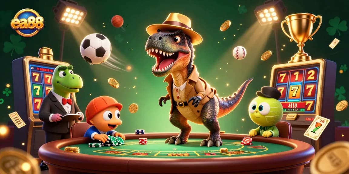 Win at ea88 as mischievous velociraptor card counter seeks gold amidst casino excitement.