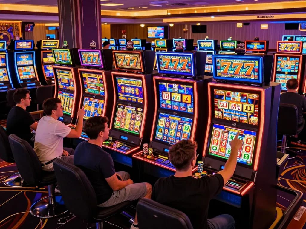 Pemain menikmati permainan slot777 di kasino berwarna-warni dengan suasana dinamis dan tampilan yang hidup.
