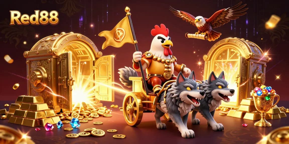Red88 fantasy illustration with a rooster warlord, golden chariot, and treasure, showcasing online casino adventure.