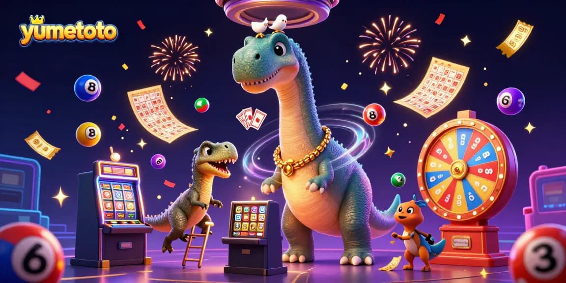 Experience thrilling slots at yumetoto as a giant cartoon dinosaur interacts with vibrant game elements!