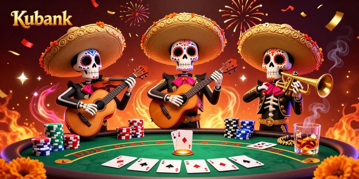 Kubank image showcasing a lively mariachi band and poker scene, featuring colorful characters and casino elements.