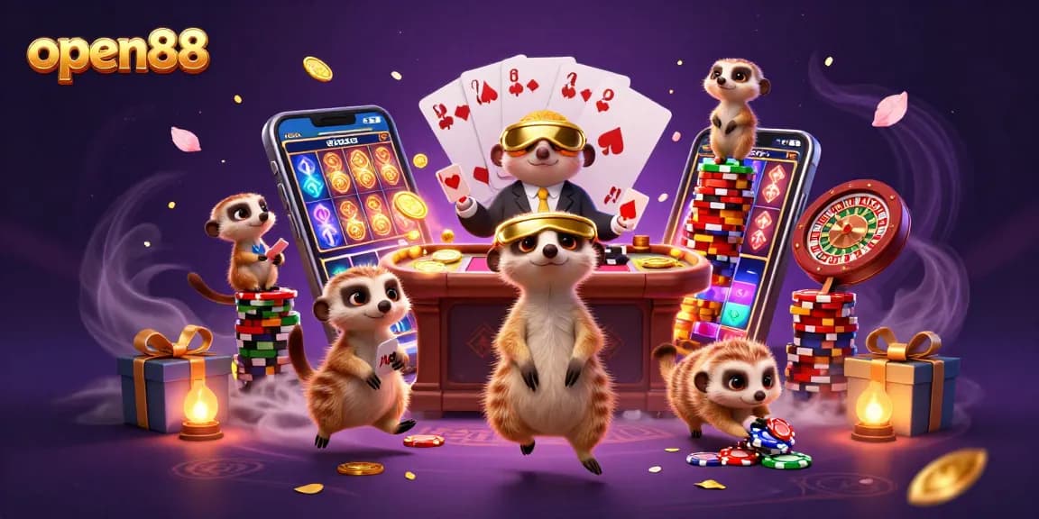 Experience thrilling gameplay at open88 with meerkats managing a vibrant casino atmosphere filled with excitement and winnings.