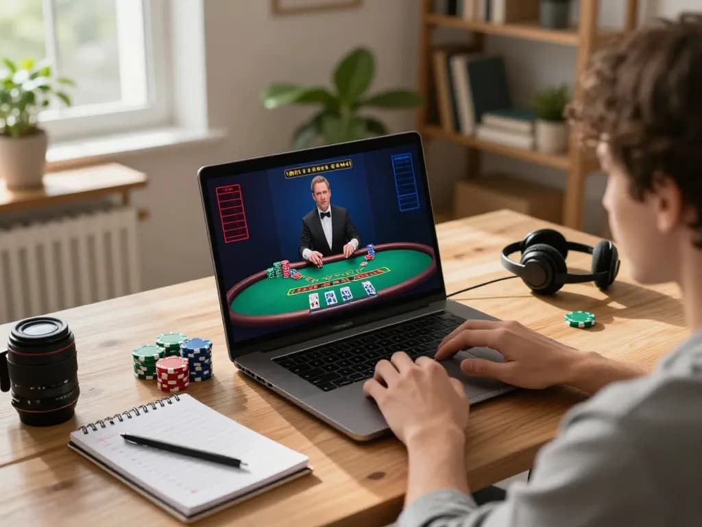 Player engaging in live dealer blackjack on LV88 from a cozy home office setup, showcasing strategic betting atmosphere.