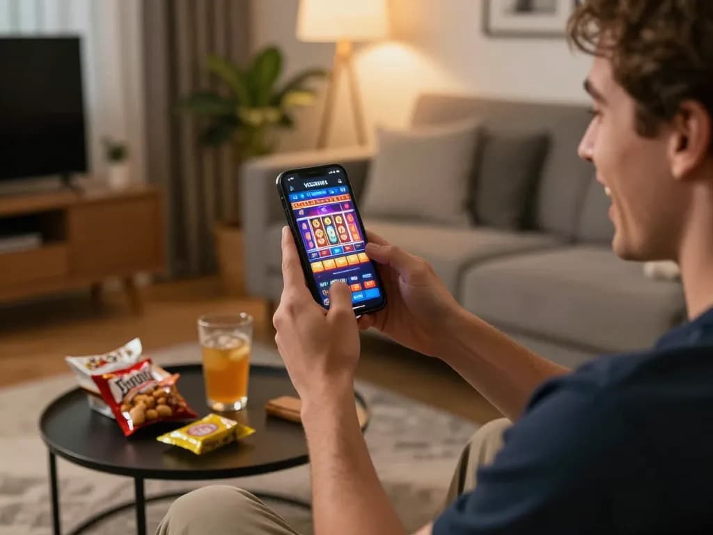 Player engaging with UGDEWA mobile app for thrilling online slots in a cozy setting