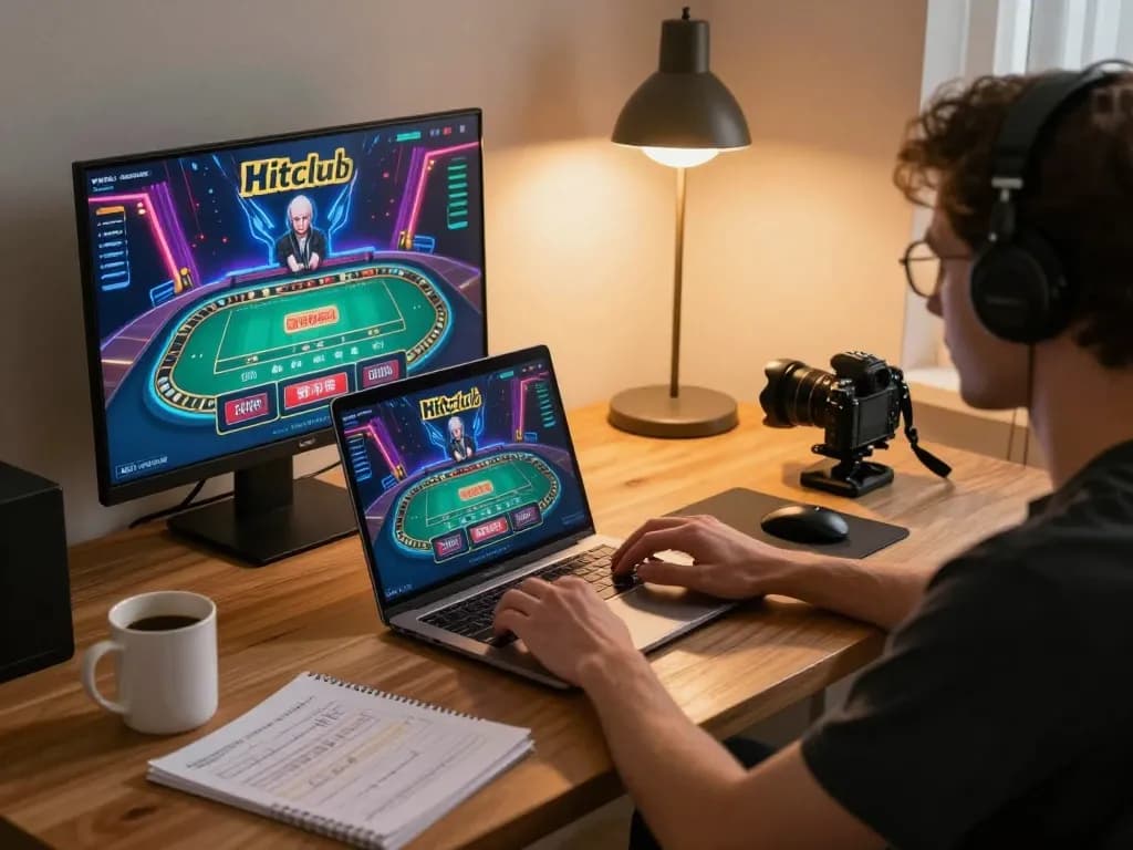 Engaging in online casino gaming at Hitclub, showcasing a comfortable home setup with strategic notes and a laptop screen.