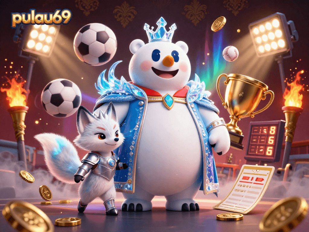 Pulau69 features a vibrant 3D illustration of an ice king polar bear and snow fox amid dynamic sports betting elements.