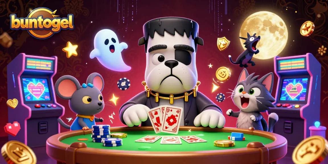 Buntogel offers engaging lottery action with a whimsically themed casino illustration featuring colorful characters and gaming icons.