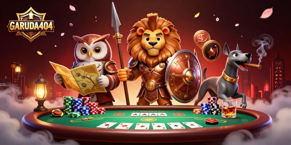 Garuda404 showcases exciting casino action with a Spartan lion at a poker table.