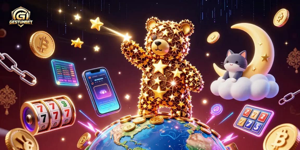 Engage with GESTUNBET's exciting slot games and crypto elements in a vibrant 3D casino scene.