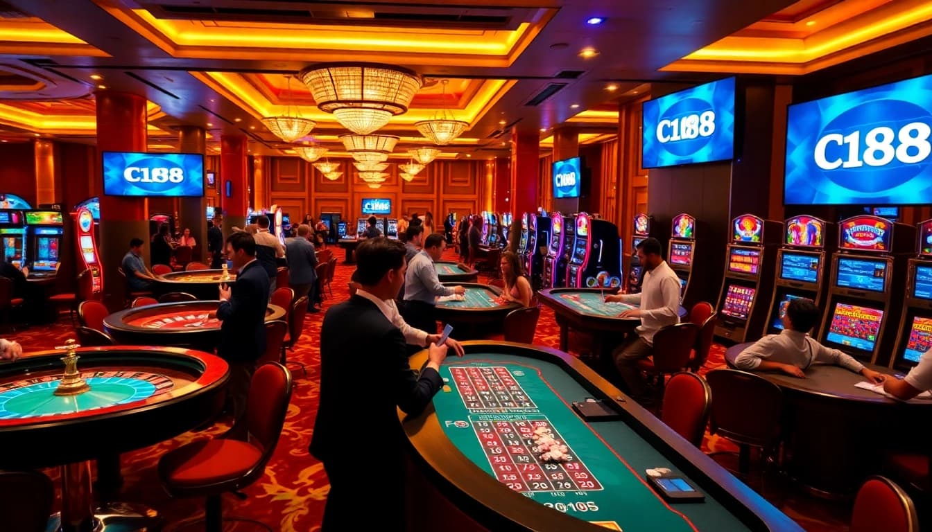 Experience thrilling casino action with C168 logo, featuring vibrant tables, roulette wheels, and excited players.