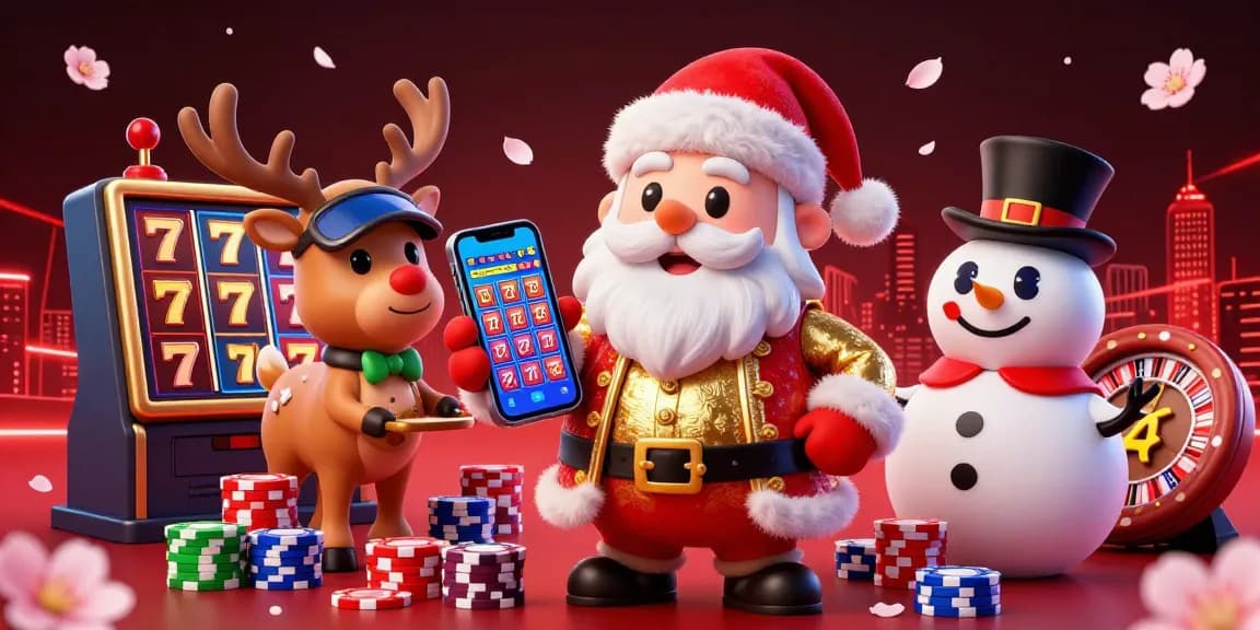 Engage with lc88 my gaming excitement at a vibrant casino scene featuring Santa, a reindeer dealer, and a poker chip snowman.
