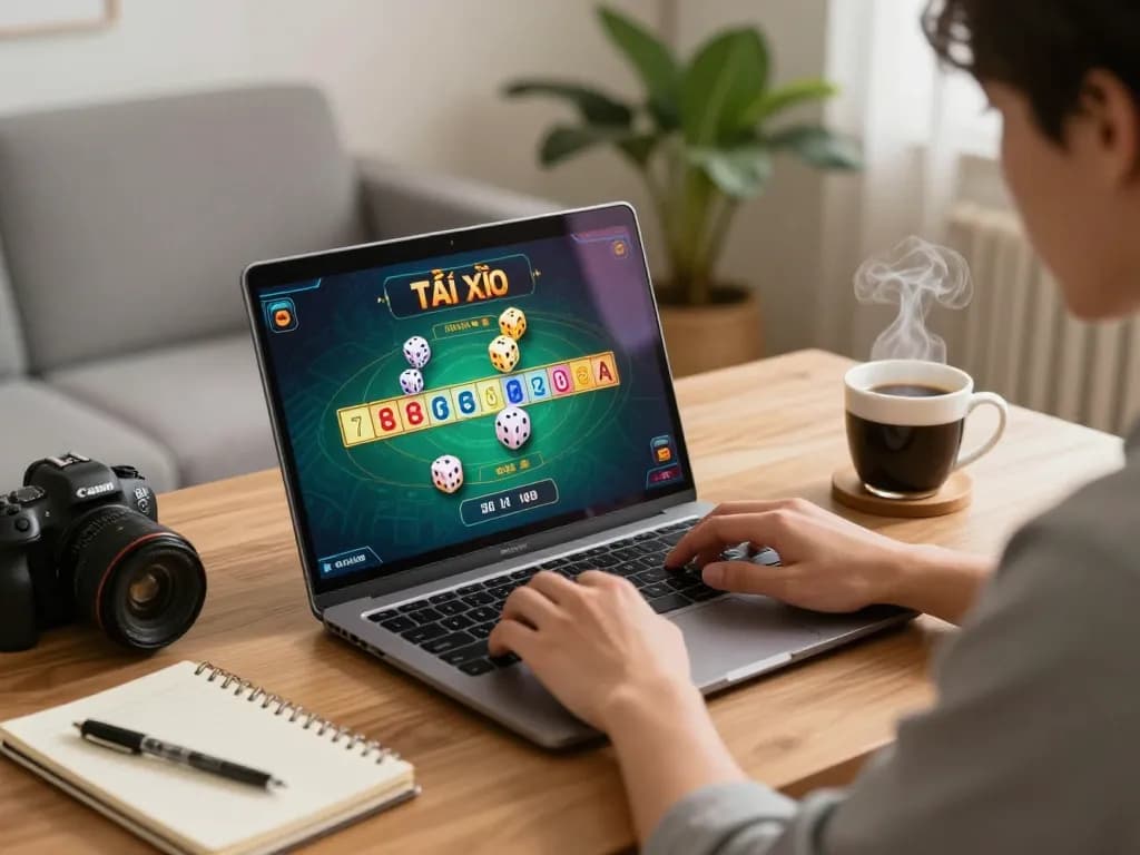 Engaged player enjoys Tài Xỉu online in a cozy home office setting, enhancing their strategic play experience.