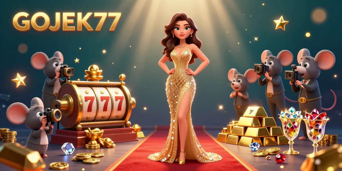 Experience winning at GOJEK77 with vibrant slot reels and glittering jewels in a captivating scene.