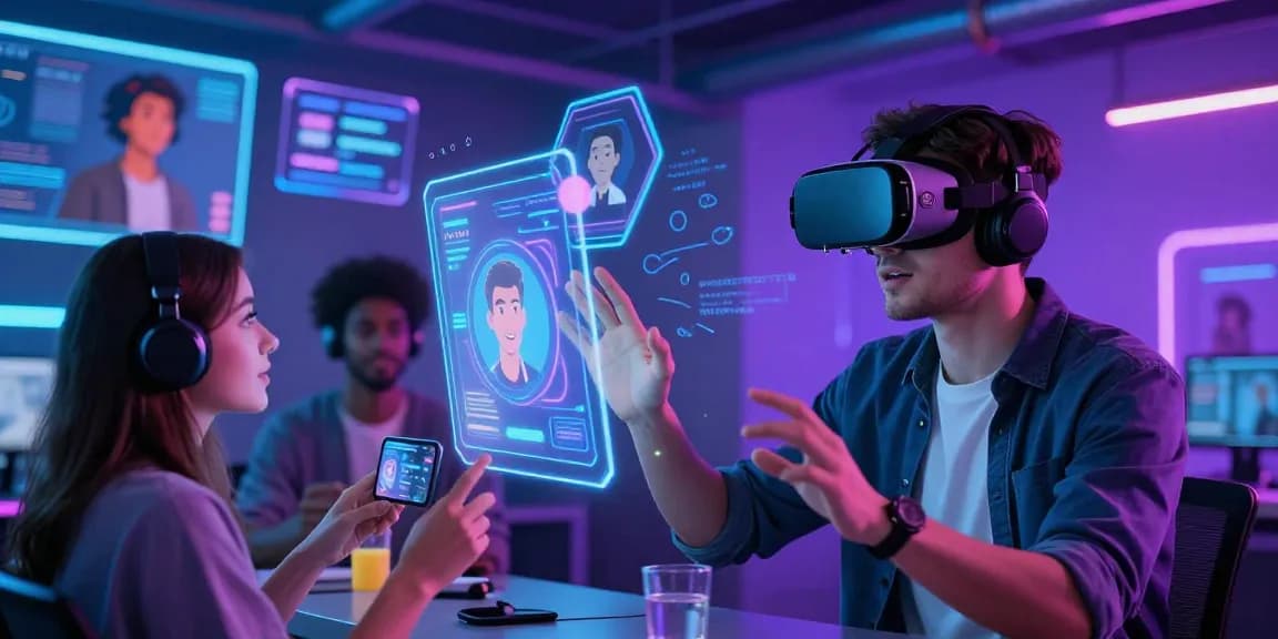 Engaging NSFW AI interactions in a vibrant virtual reality space, showcasing colorful avatars and holographic effects.