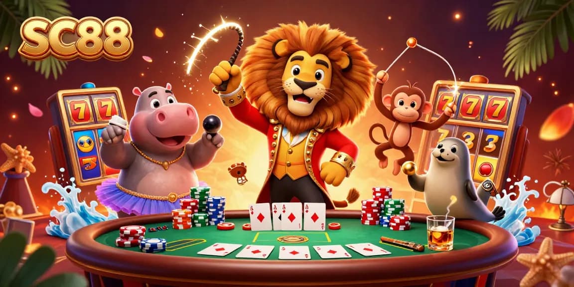 SC88 brings excitement alive as a lion ringmaster dazzles in a vibrant casino scene full of action.