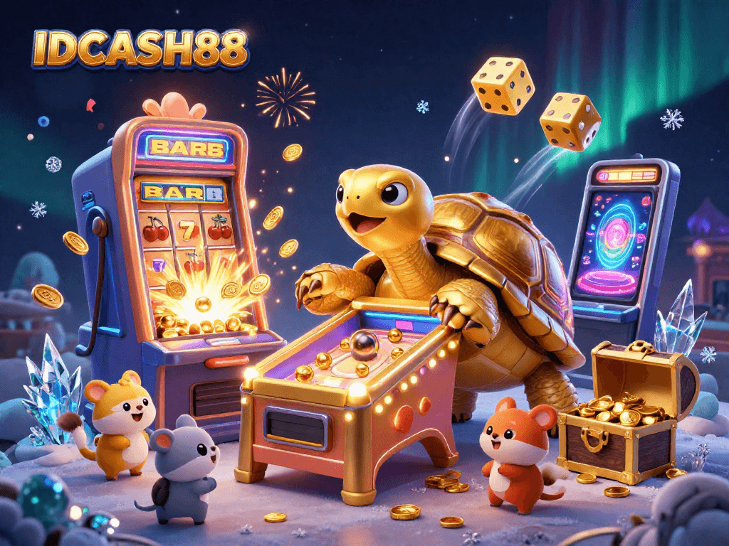 Experience the excitement at IDCASH88 with the golden tortoise pinball machine amidst vibrant casino elements and cheerful gamers.