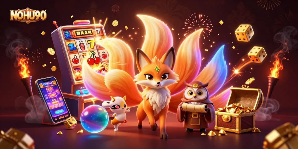 Experience the thrill of winning with NOHU90 as vibrant characters and casino elements burst with excitement.