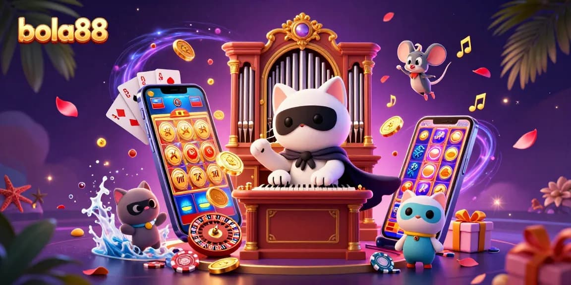 Bola88 players enjoy vibrant online casino games with a phantom cat and mouse acrobat amidst festive elements.